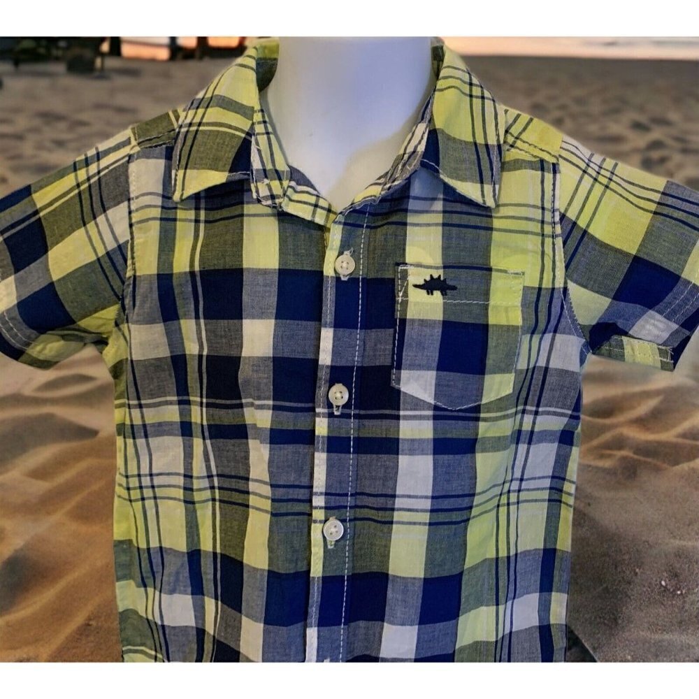 Carters Boys Plaid Dress Shirt Toddler Size 18M Short Sleeve Blue Turtle